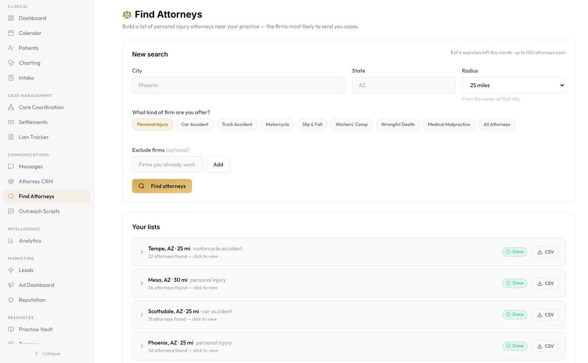 The AI attorney finder, with completed searches ready to export