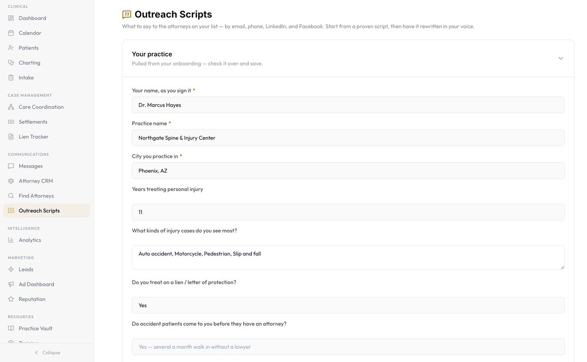 Attorney outreach scripts, prefilled from your practice profile