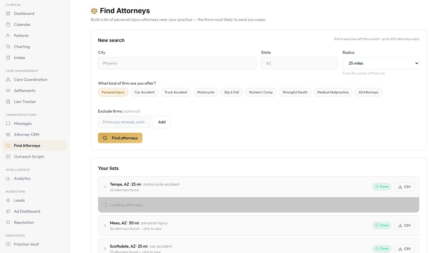 The attorney finder, showing completed searches with the number of personal injury firms found in each market