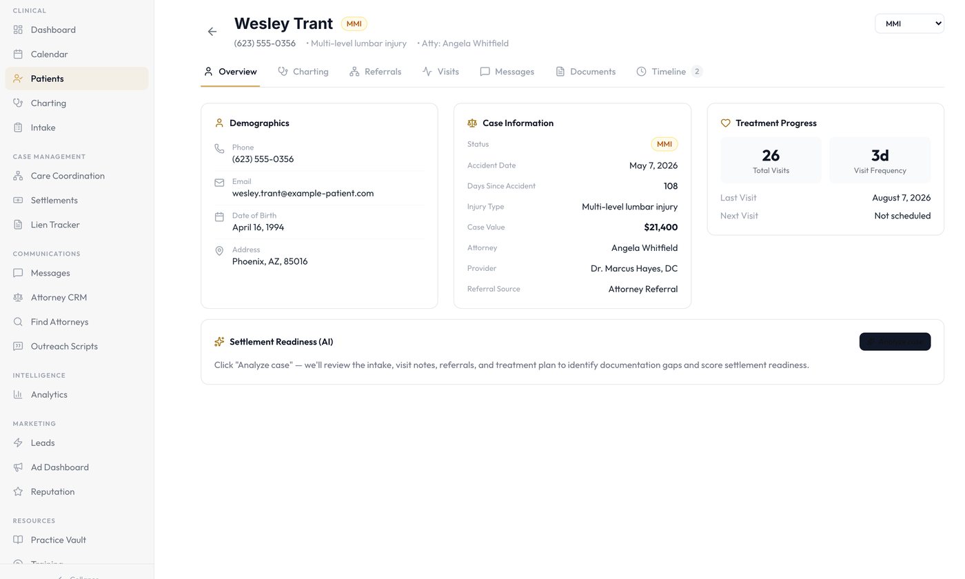 A patient case record showing injury type, case value, treating provider, referring attorney, treatment progress and an AI settlement-readiness panel
