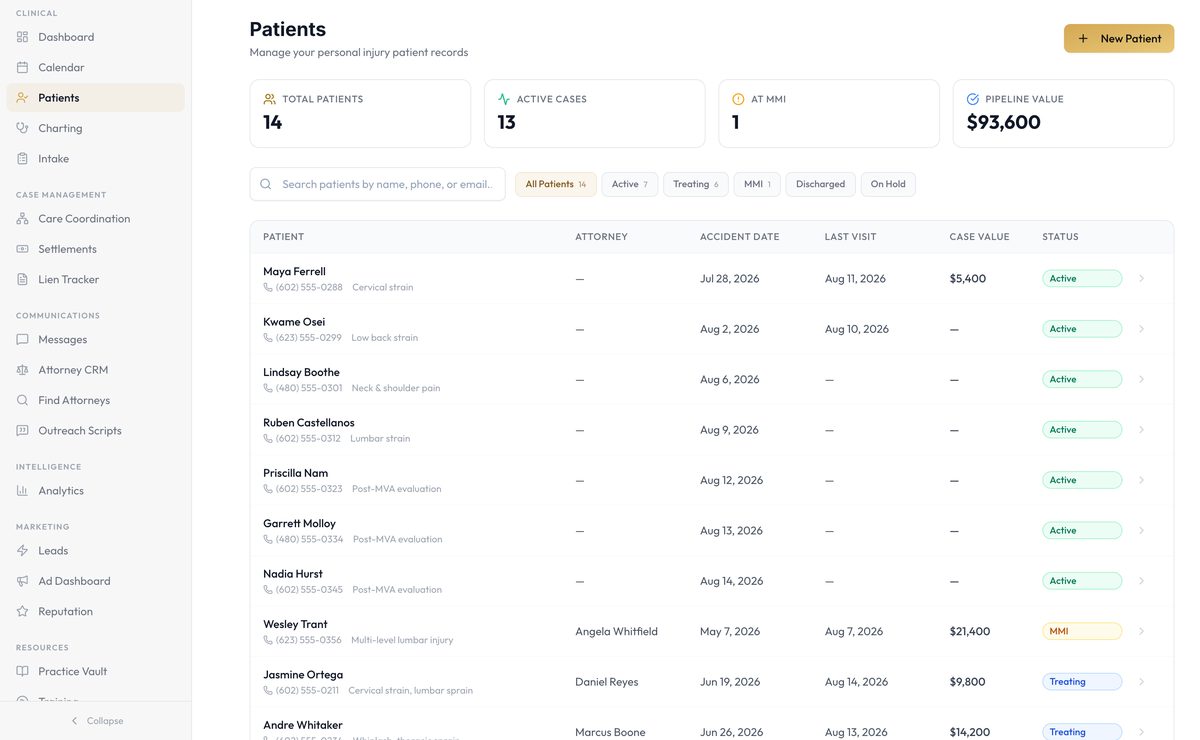 The patient record list, with attorney and case value on each row