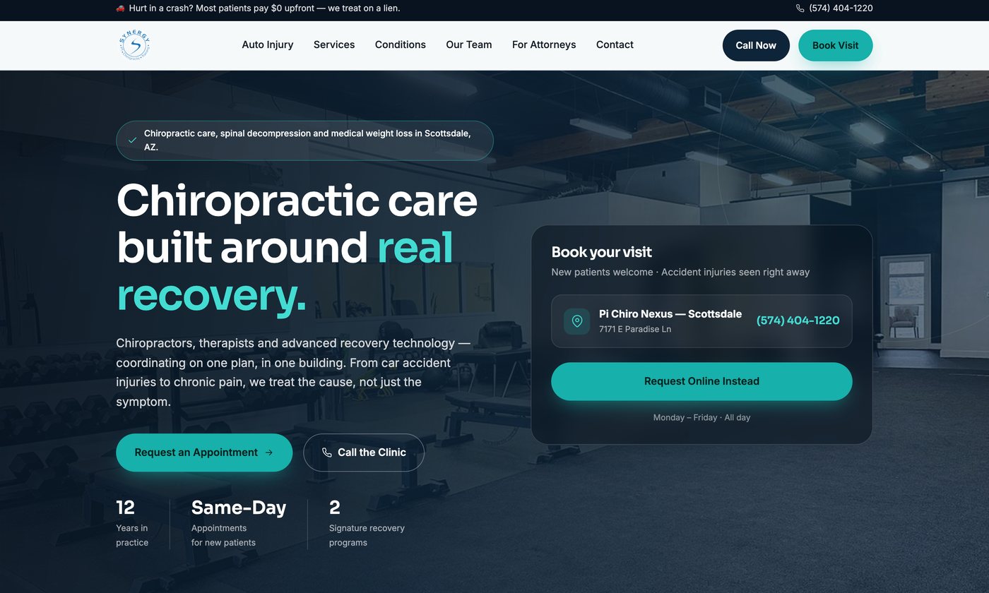 A personal injury chiropractic website built by the platform, with booking and accident-injury messaging above the fold